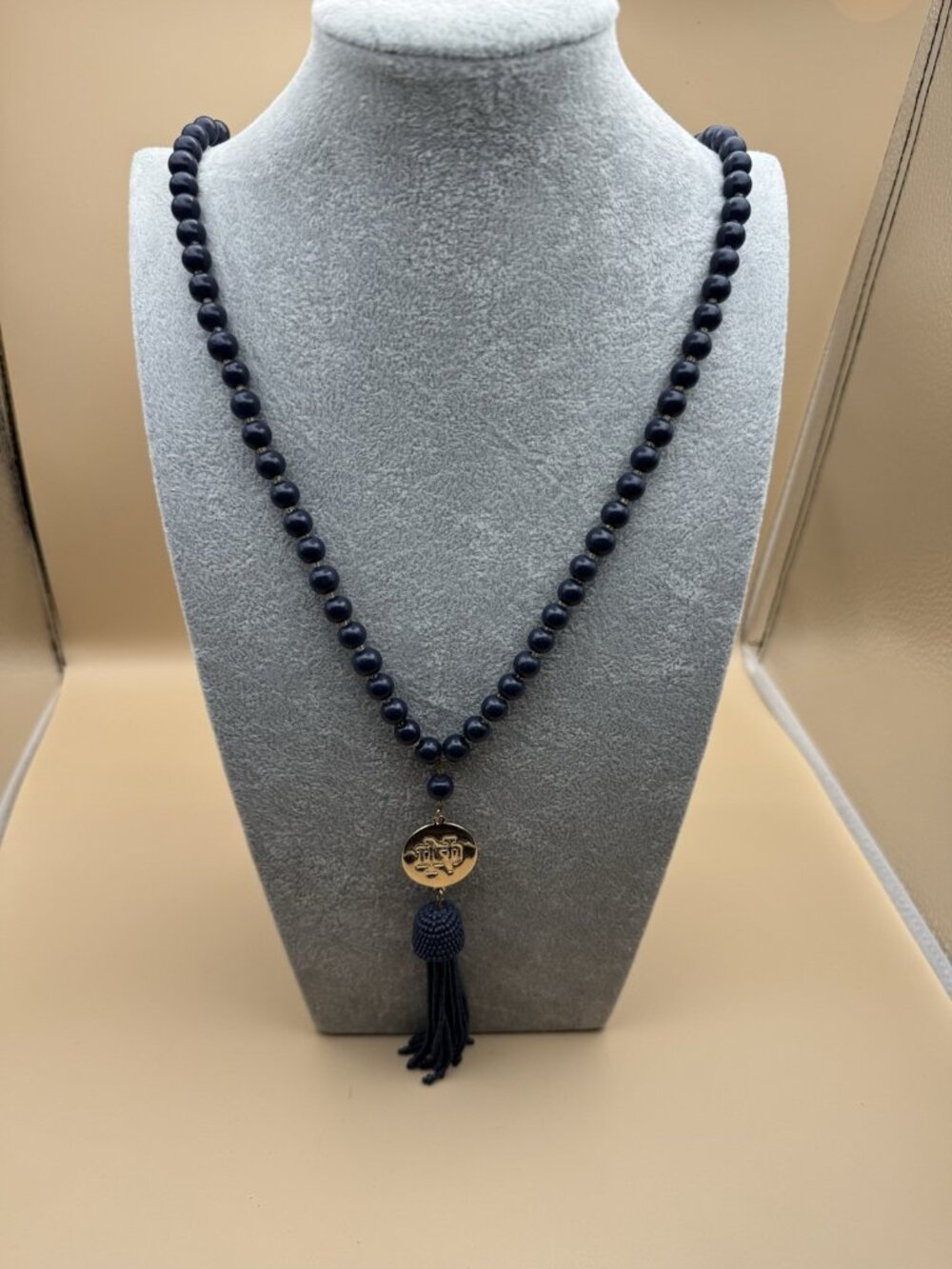 Emerson Street Notre Dame Beaded Tassle Necklace - Navy Blue Medallion